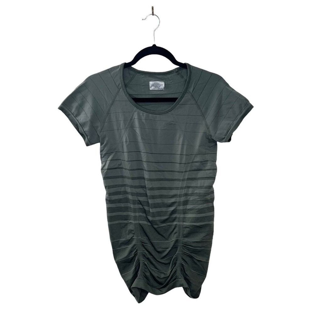 Athleta Fastest Track Womans Med Green Gray Striped Athletic Gym Work Out Shirt